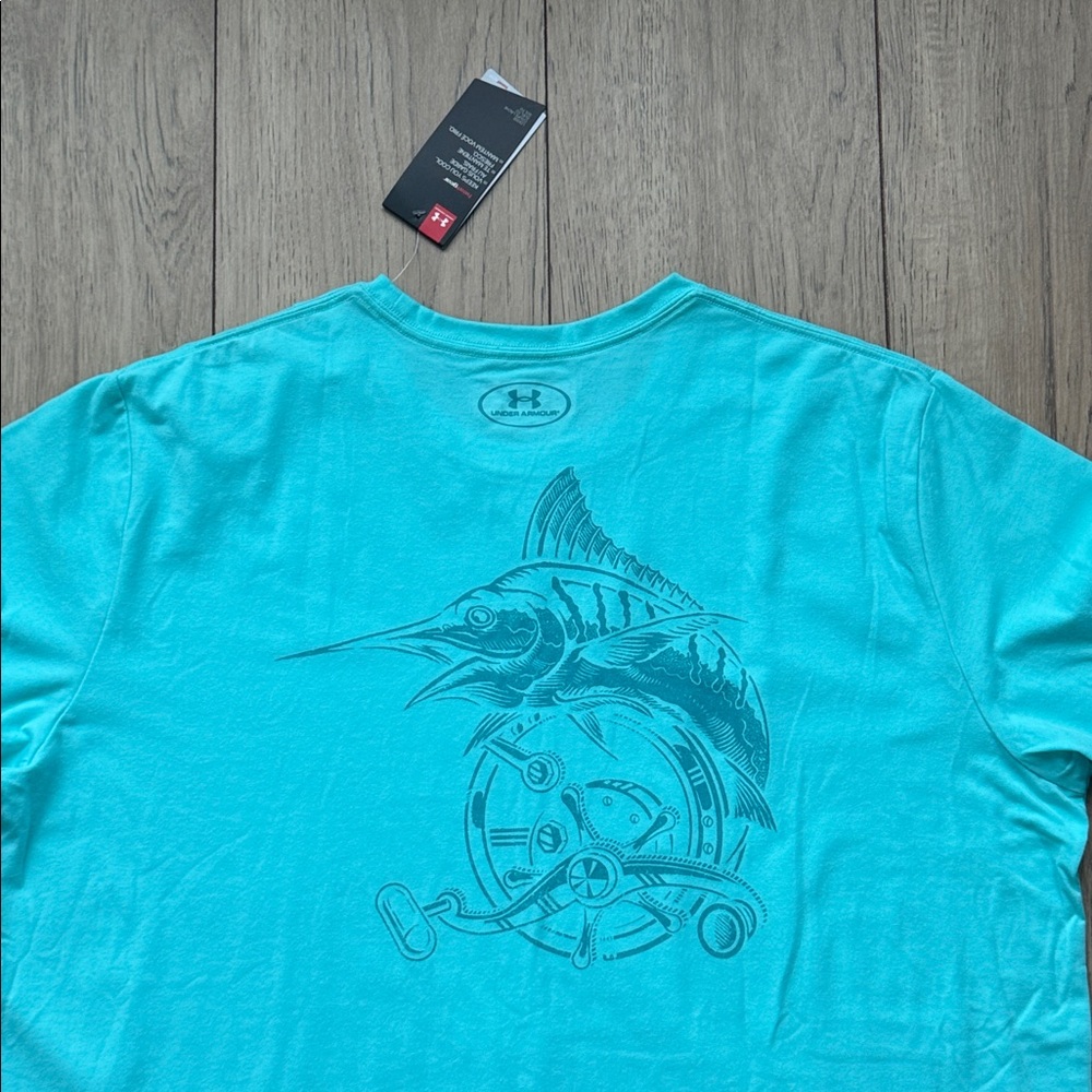 Under Armour Fish Marlin Deep Sea Fishing Light Blue Teal T-Shirt Men’s 2XL New